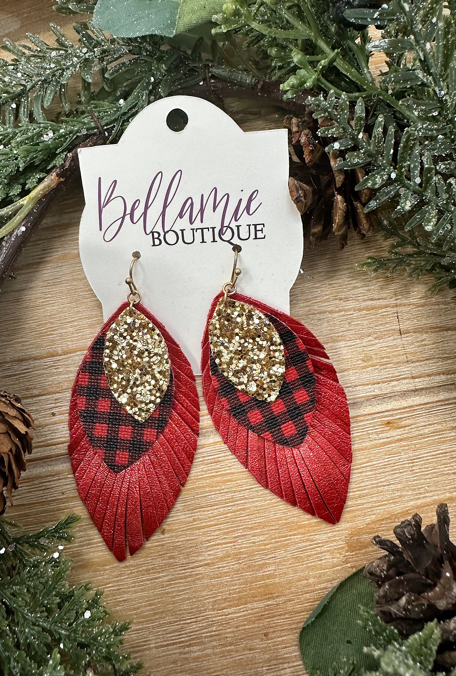 Red Plaid Leather Earrings