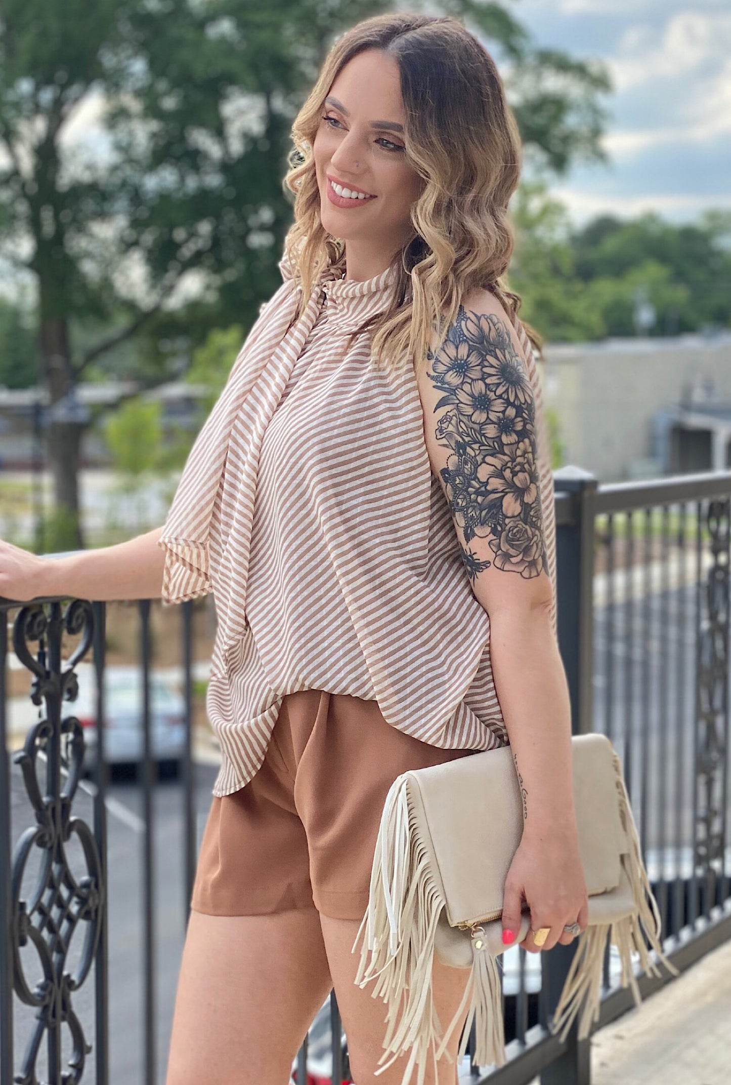 Alice Striped Top-Taupe - Bellamie Boutique