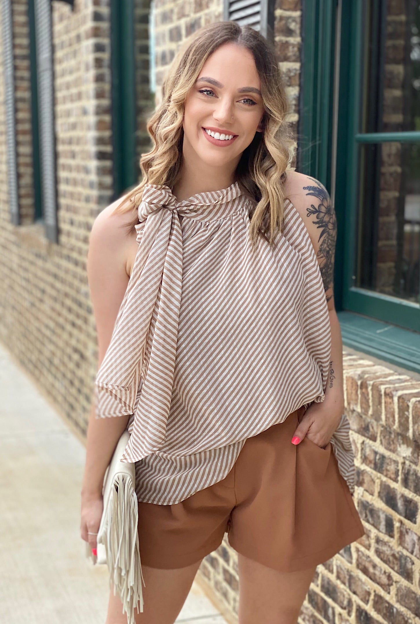 Alice Striped Top-Taupe - Bellamie Boutique