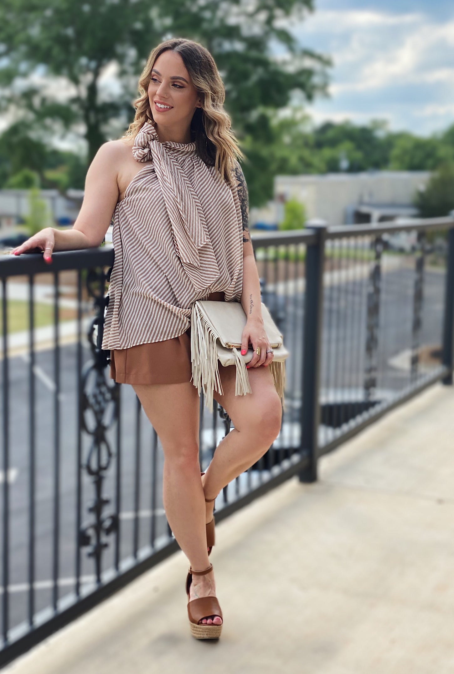 Alice Striped Top-Taupe - Bellamie Boutique