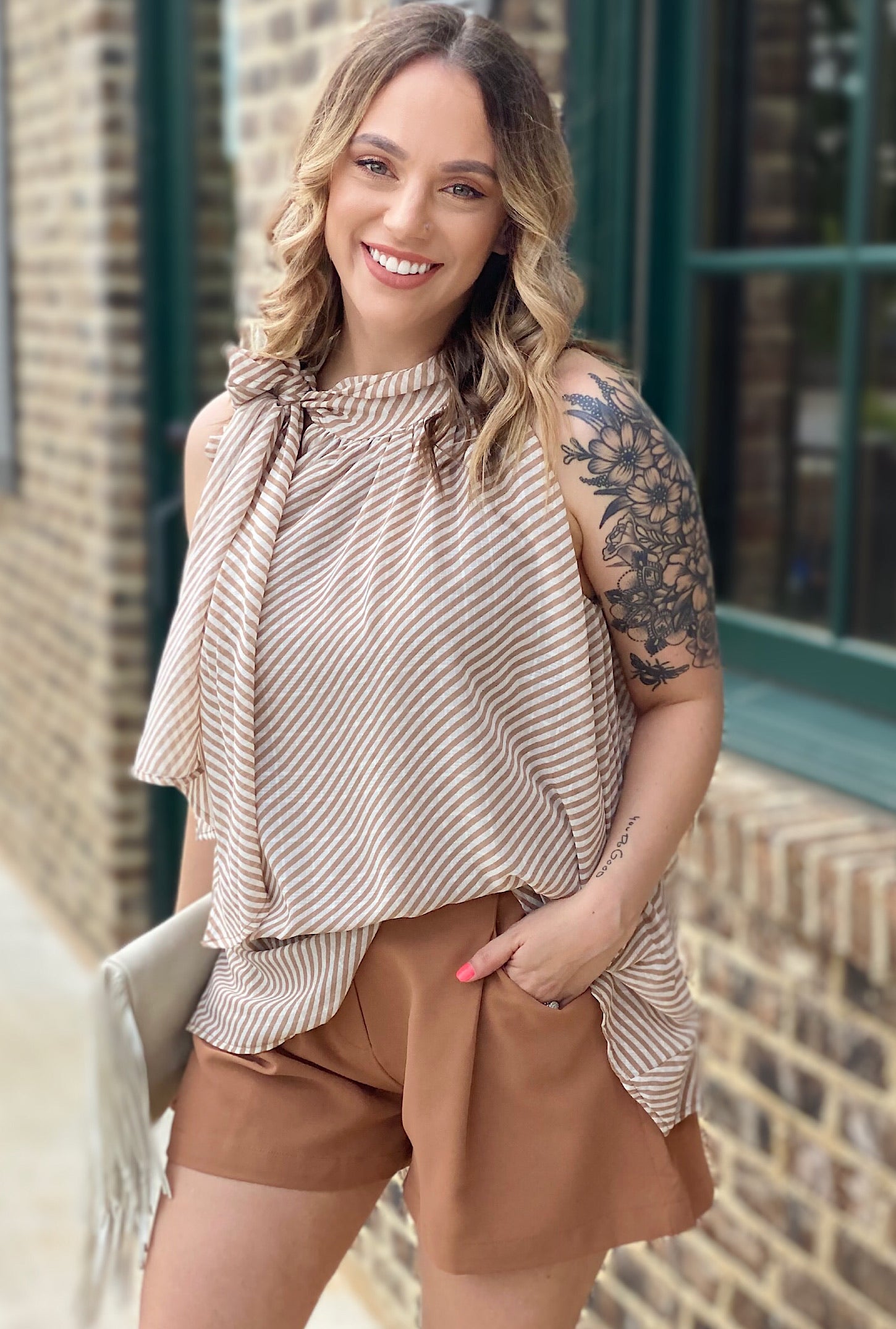 Alice Striped Top-Taupe - Bellamie Boutique