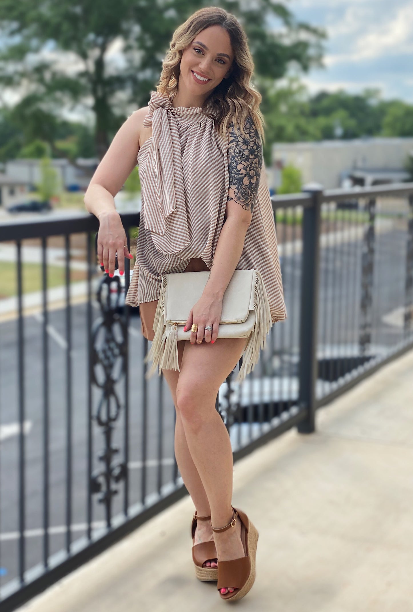 Alice Striped Top-Taupe - Bellamie Boutique